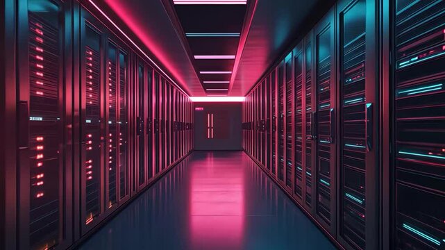 Long hallway with an empty server rack in a dark network server room