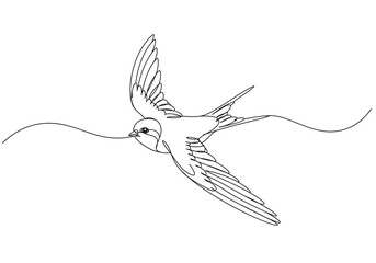 Fototapeta premium A single line drawing of a swallow in flight with a piece of straw in its beak on a white background