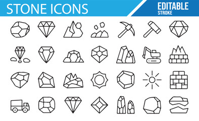Fototapeta premium Collection of stone icons representing various rocks, minerals, gemstones, and mining equipment in a simple line art style.