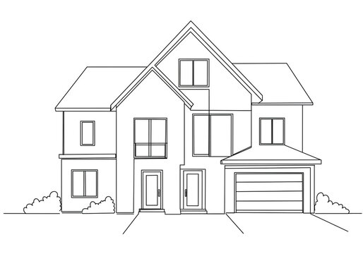A line drawing of a two story house with a garage and two front doors in black and white outline
