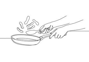 Continuous line drawing of hands cooking food in a pan with a spoon in a minimalist style art
