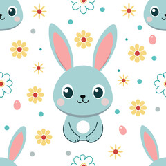 Cute Easter bunny doddle seamless pattern design. Vector seamless illustration with flowers on Easter theme.
