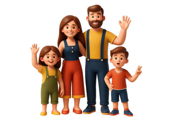 playful cartoon family waving hello together, featuring a young girl, boy, woman, and man in colorful outfits, expressing joy and togetherness
