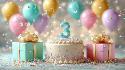 Happy birthday celebration 3rd festive party cake and balloons indoor