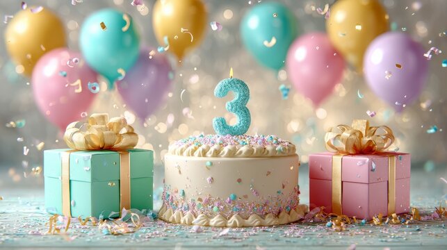 Happy birthday celebration 3rd festive party cake and balloons indoor