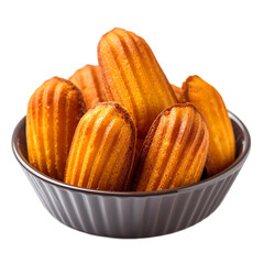 Golden madeleines arranged appetizingly in a dark bowl with delicious pattern on transparent background