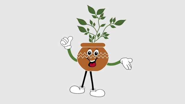 Animated cute plant mascot in a pot with various expressions and looping motions. Perfect for eco, nature, green lifestyle, and environmental projects. 2D flat vector animation in seamless loop.