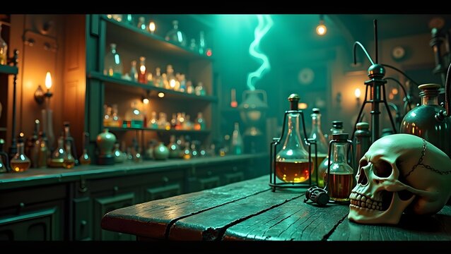 Victorian Mad Scientist Laboratory with Glowing Beakers and Skull - Powered by Adobe