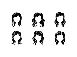 Girl hair styles icons in black color on white background. Girls different hair styles.
