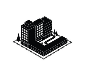 Hotel builing r commercial building vector in black color on white background. 