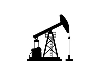 A black silhouette of an oil pump jack against a white background in a simple graphic design