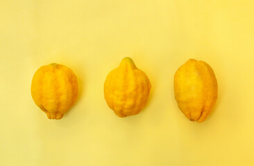 Three fresh lemons on yellow background. Flat lay, top view