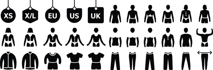 Monochrome Clothing Size Icon Set &ndash; Vector Icons for Clothing Sizes (XS, XL, EU, US, UK), Apparel Fit, and Body Type Symbols for Fashion Design