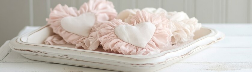 Pink Ruffled Heart Pillows in White Distressed Tray, shabby chic, Valentine's Day