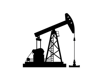 A black silhouette of an oil pump jack against a white background in a simple graphic style