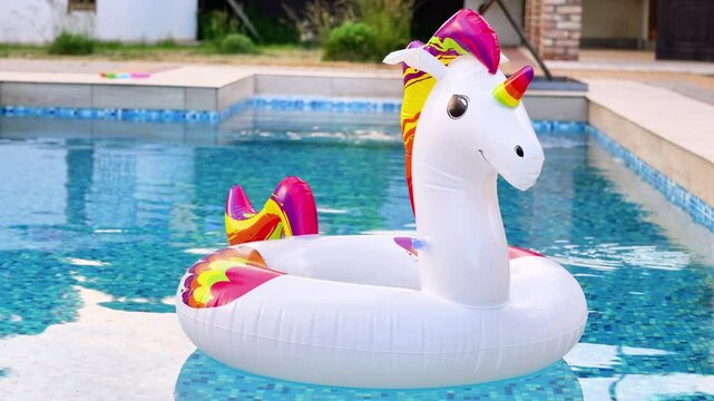 A large, colorful inflatable unicorn floats in a bright blue swimming pool, with a building and lush greenery visible in the background.
