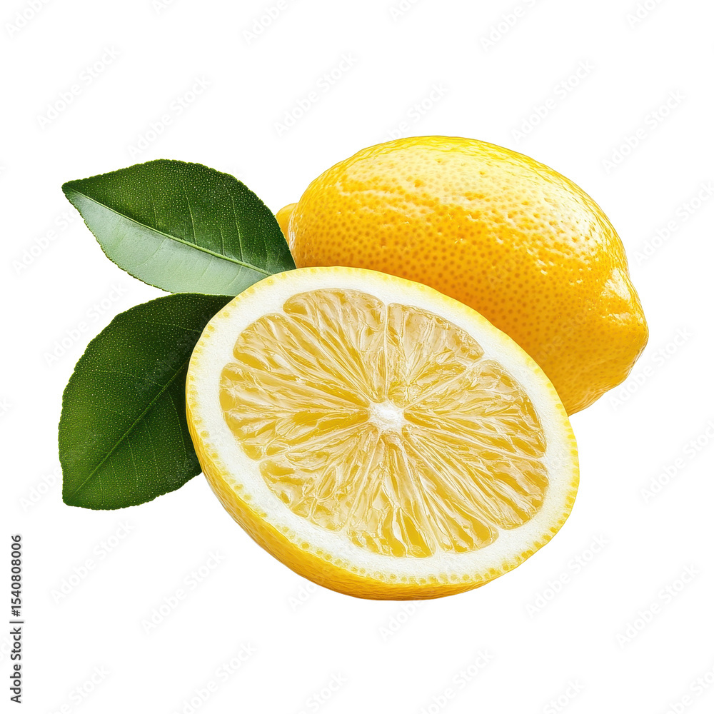 Poster fresh lemon with a half slice and green leaf isolated on a transparent background, lemon and cut hal