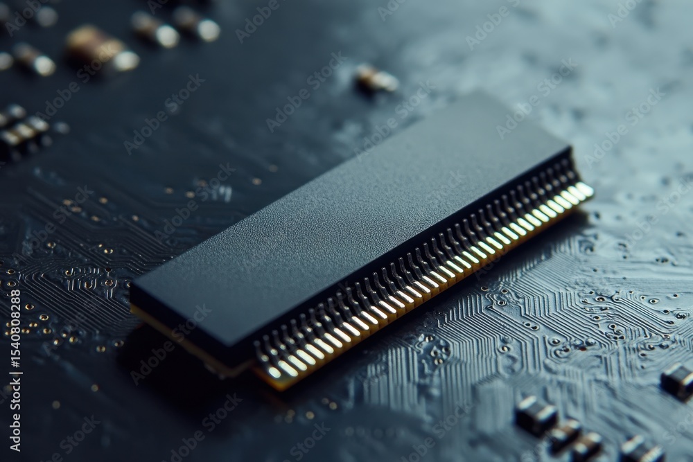 Poster closeup view of a microchip on an electronic circuit board highlighting intricate details, close-up 