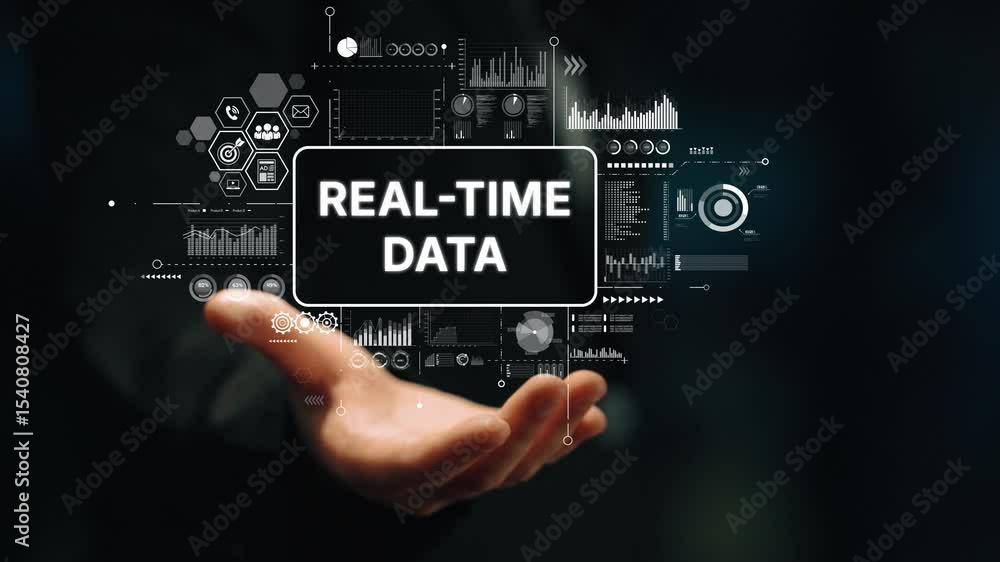 Poster businessman holding digital interface with real-time data analytics and graphs for business insights