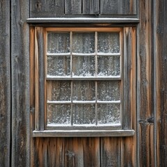 Snowy Windowpane in Rustic Wooden Frame, Winter Scenery , Farmhouse Window