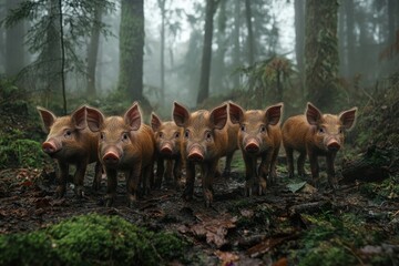 Wild boar piglets explore a misty forest in search of food and nourishment, Wild boar piglets foraging for food