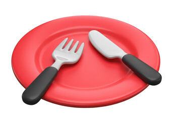 A red plate with a fork and knife resting on it ready for a meal or food preparation setting on transparent background