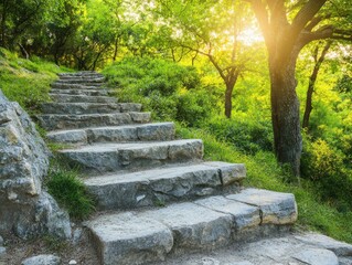 Stone Steps in Sunlit Forest, Nature Trail, Steps , Hiking, Landscape
