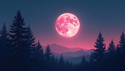 Pink full moon rising over silhouetted pine forest at night. Scenic landscape with dark night sky, stars, mountains, tranquil nature. Calm peaceful evening. Night photography, serene twilight scene.