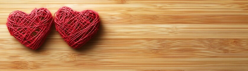 Two Red Yarn Hearts on Wood Background, Valentine's Day, Love ,romance, hearts