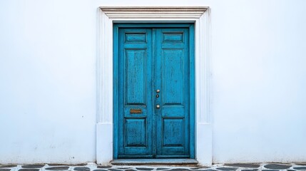 Weathered blue door adorning white wall in mediterranean style