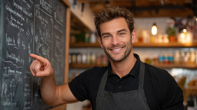 Smiling Cafe Owner: A friendly cafe owner with a warm smile points towards a chalkboard menu, showcasing a welcoming atmosphere and inviting customers to browse the delicious offerings. - Powered by Adobe