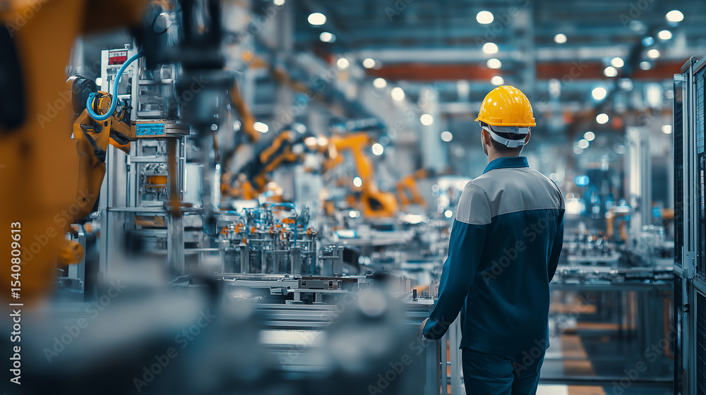 Poster factory worker operating control panel in automated industrial production facility.