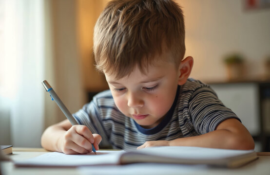 Young boy does homework at table with pen in hand. Child studying at home, writing in notebook. Elementary school student, learning, education concept. Home schooling during quarantine. Focus on task.