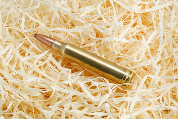 A close-up of a military cartridge against a background of wood shavings. Full depth of field.