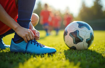 Soccer player laces football boots before game. Soccer ball lays on green grass field with team on background. Training practice, youth sports activity, championship. Boy getting ready for match.