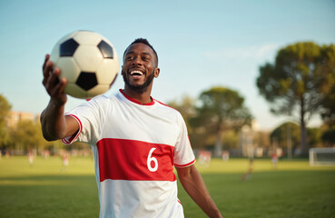 Happy young black man soccer player smiling. He holds ball on green field in summer. Athlete training exercise on sports ground. Portrait of happy male player during game.
