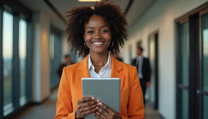 Smiling black woman holding tablet in office, looking at camera. Corporate professional in orange suit, white shirt. Connection, communication, work, success. Business, technology, achievement,
