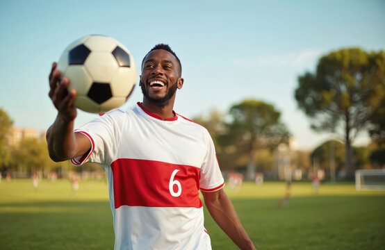 Happy young black man soccer player smiling. He holds ball on green field in summer. Athlete training exercise on sports ground. Portrait of happy male player during game. - Powered by Adobe