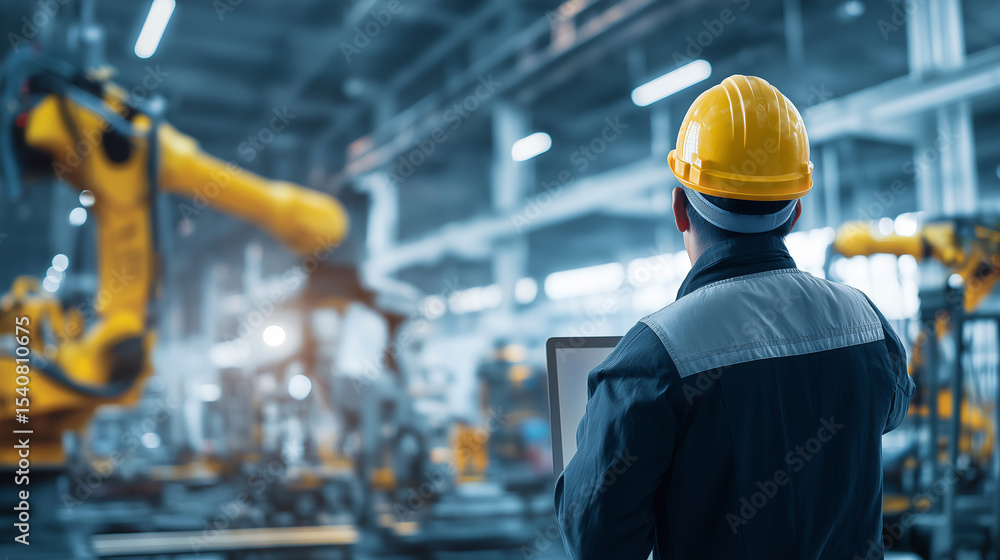 Poster factory worker operating control panel in automated industrial production facility.