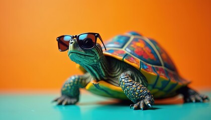 Stylish turtle wearing cool sunglasses stands against vibrant orange background. Reptile character with eyewear, symbol of vacation, fun, relaxation, summer vibes. Colorful artwork for advertising,