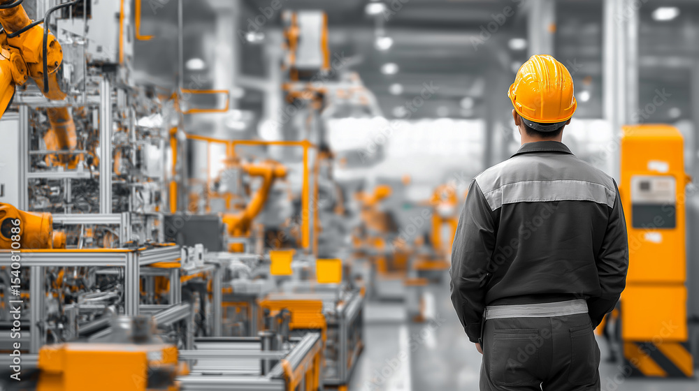 Poster engineer in a hard hat observing robotic arms in an advanced automated factory.
