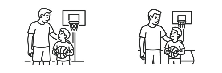 Coach teaches young player basketball fundamentals at a gym during afternoon practice