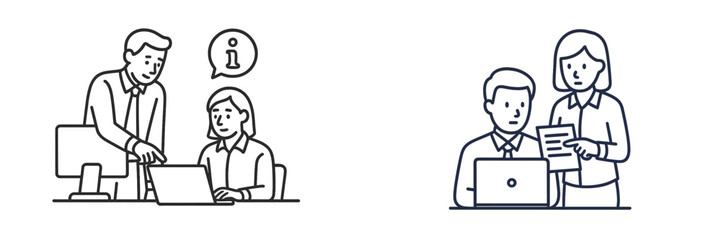 Colleagues discussing project details while working at a desk during office hours