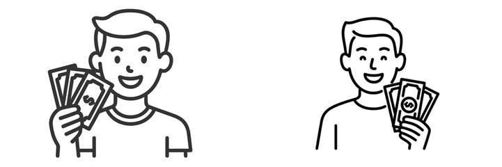 Men displaying cash and currency notes while smiling in a simple, illustrative format