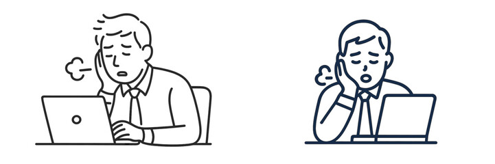 Stressful day in the office with two men struggling to focus on work at their desks