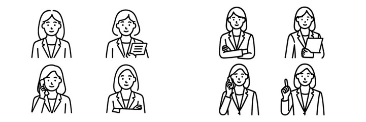 Businesswoman in various professional poses expressing confidence and engagement during office activities