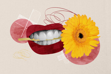 Trend artwork sketch design montage collage of mouth lips teeth hold gerbera plant holiday...