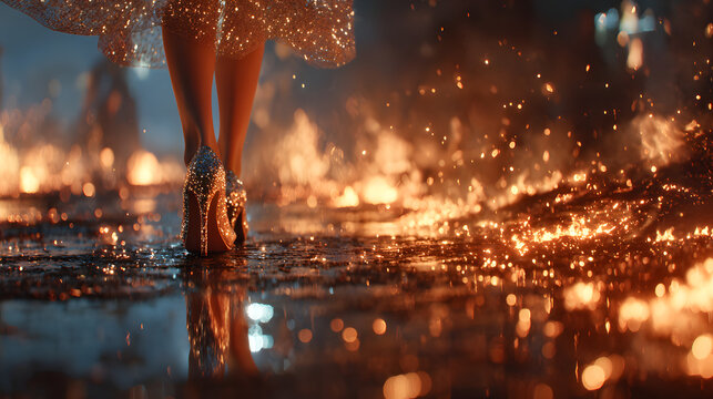 Woman with sparkling high heels walking on fire in a dark and cinematic scene, creating a dramatic and magical atmosphere with embers and flames