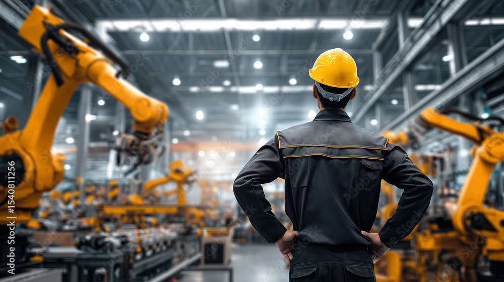 Poster engineer in a hard hat observing robotic arms in an advanced automated factory.