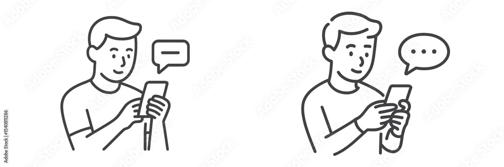 Poster two illustrations of a person engaged in mobile texting activity in a casual setting